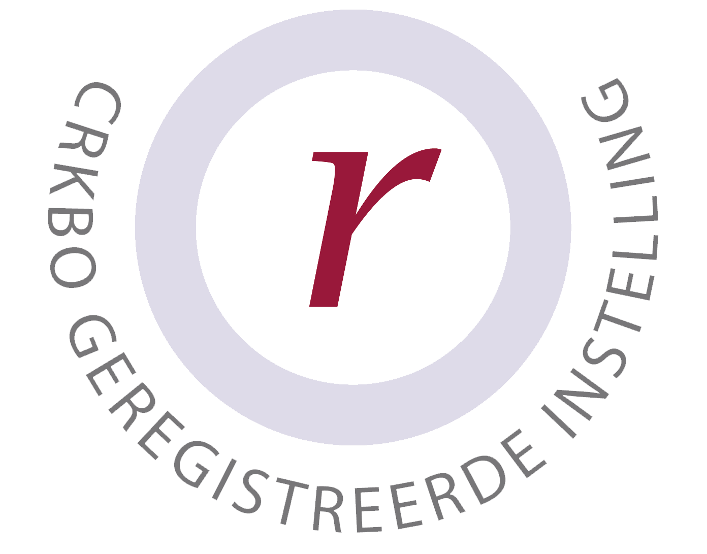 Keurmerk CRKBO geregistreerde instelling in ronde vorm met kleine letter r in het midden van het beeldmerk in de kleur rood.